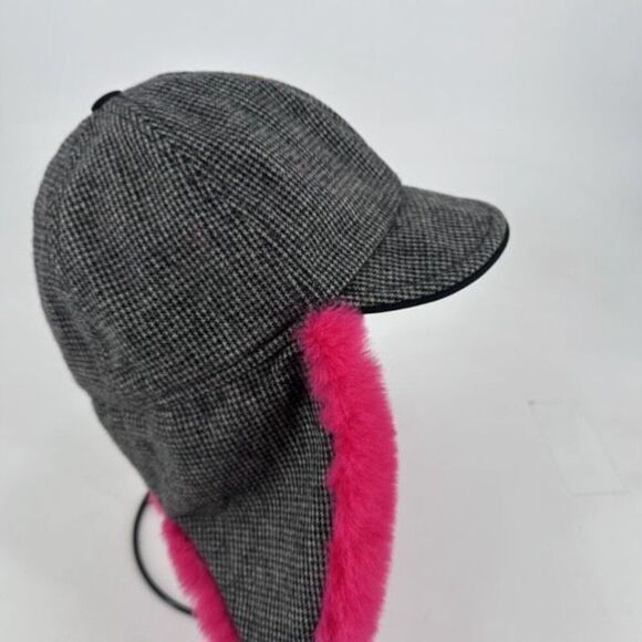 NWT Hat Attack Faux Fur Trapper Hat Bright Pink and Houndstooth Wool Blend - Picture 2 of 10